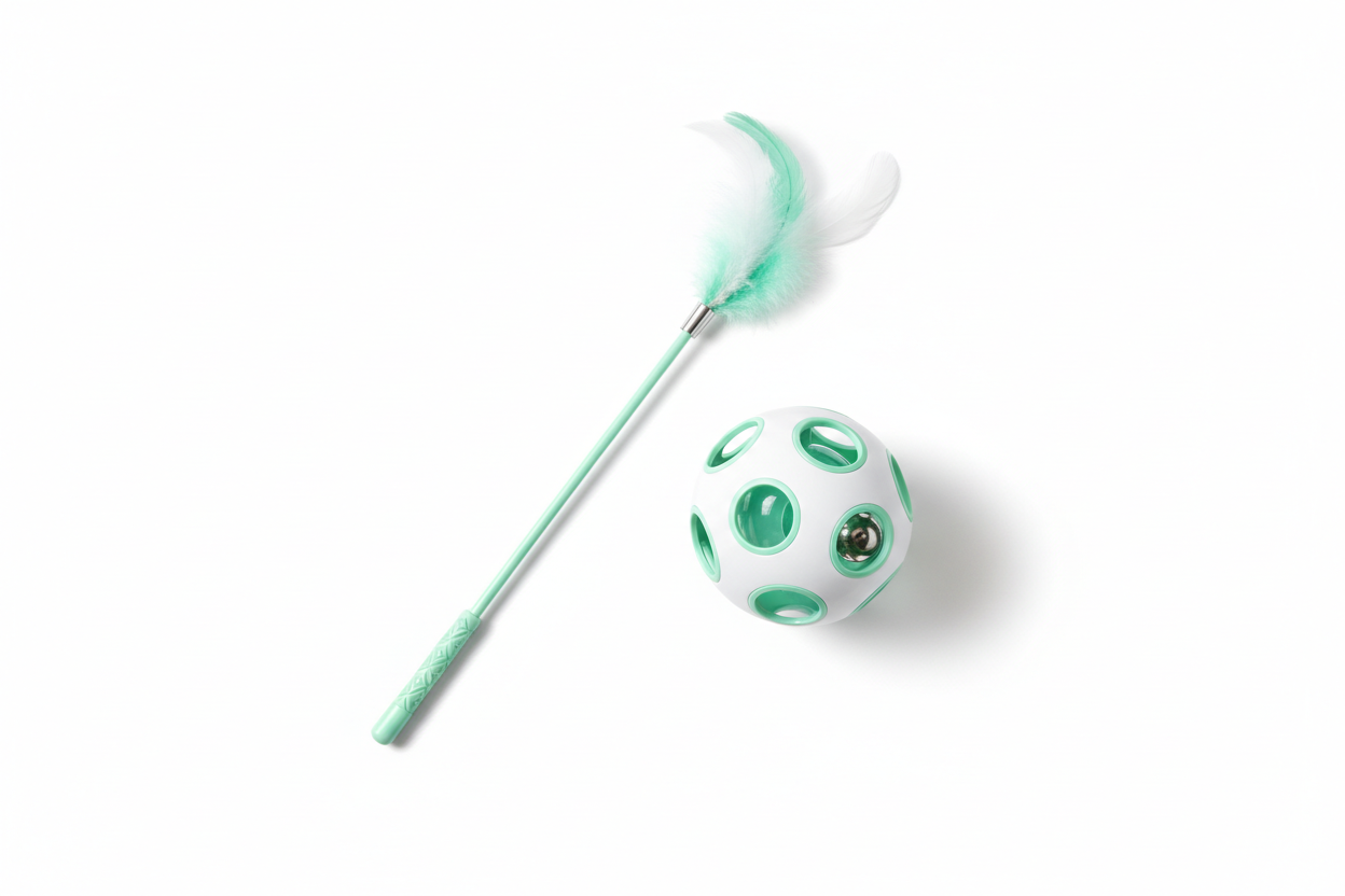 Minimal cat toys including teaser wand and puzzle ball on a white background.