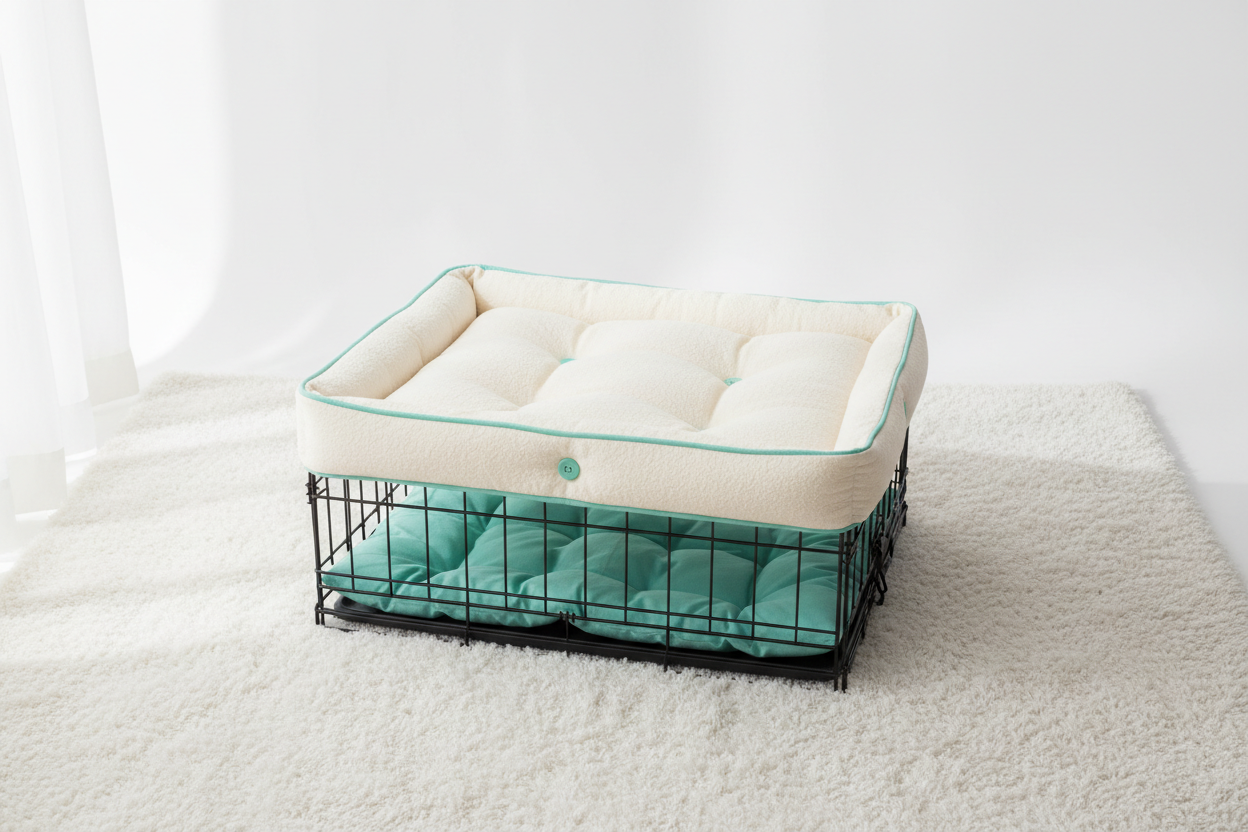 Minimal cozy dog bed and crate cushion on a soft white background.