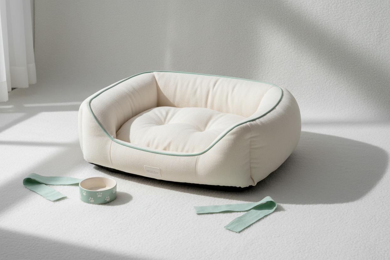 Minimal cozy pet bed with soft mint accents on a white background.
