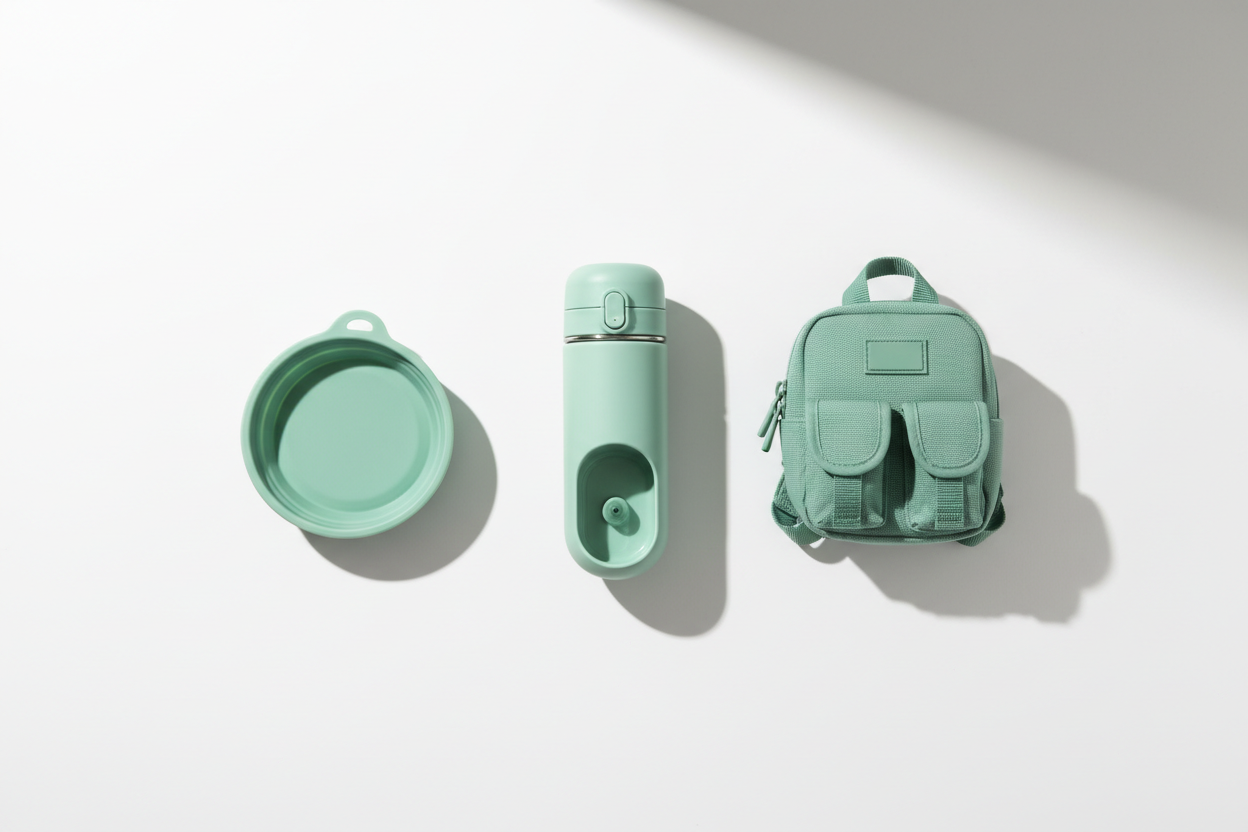 Minimal outdoor dog essentials including portable bottle, collapsible bowl, and small travel gear.