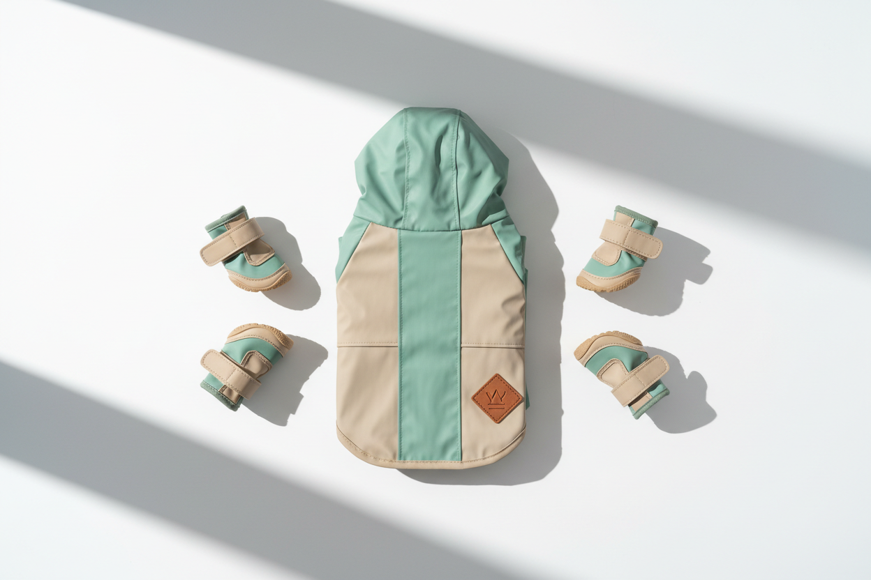 Minimal dog apparel set with raincoat and boots styled on a white background with mint tones.