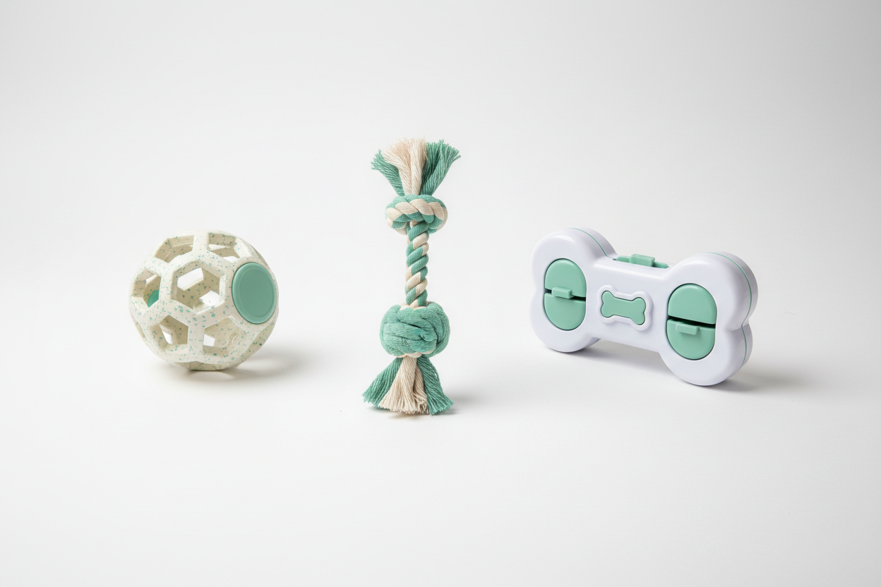 Minimal dog toy set featuring rope toy, chew ball, and enrichment toy on a soft white background.