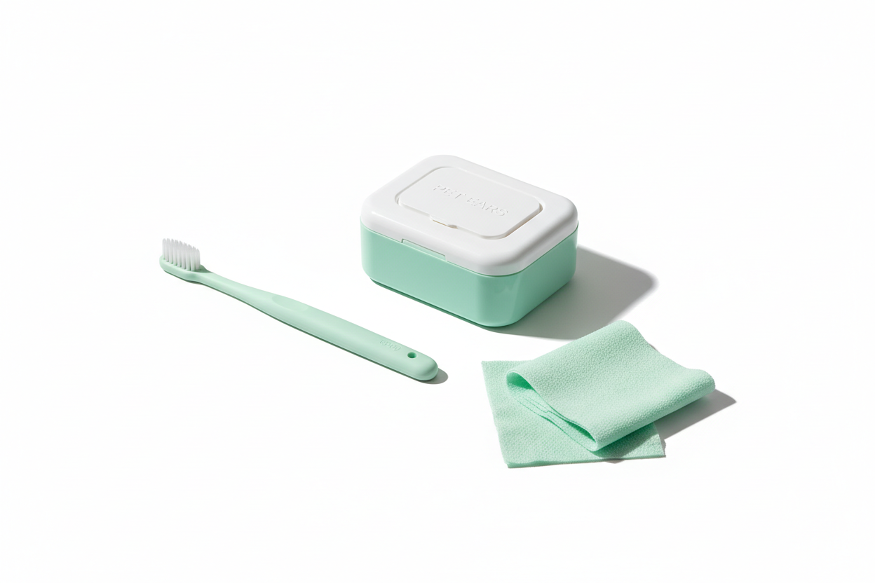 Minimal ear wipes and pet toothbrush set on soft white background.