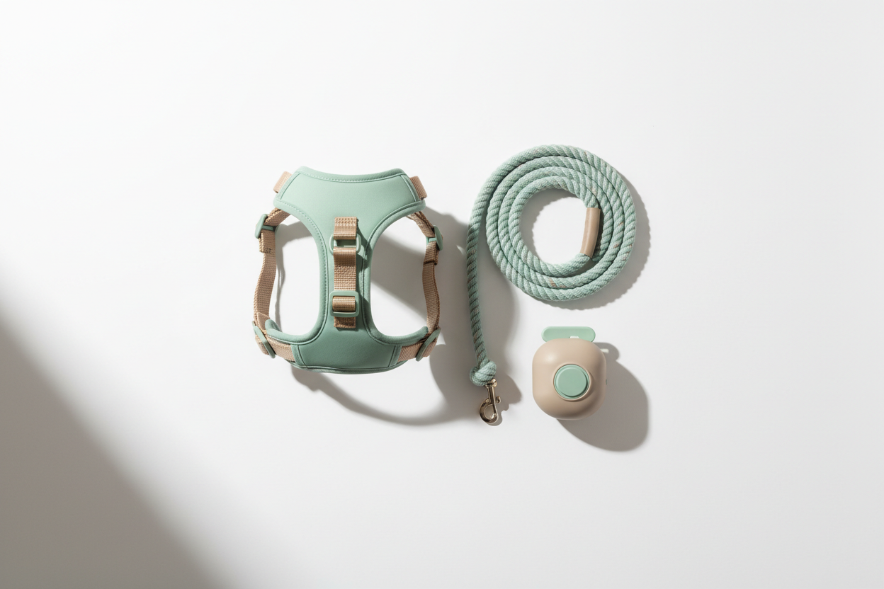 Minimal dog walking gear set including harness, leash, and poop bag holder on a clean white background with mint accents.