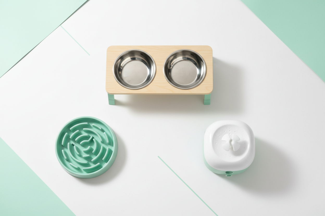 Minimal pet feeding essentials with food bowls, elevated feeders, and water fountain on white background.