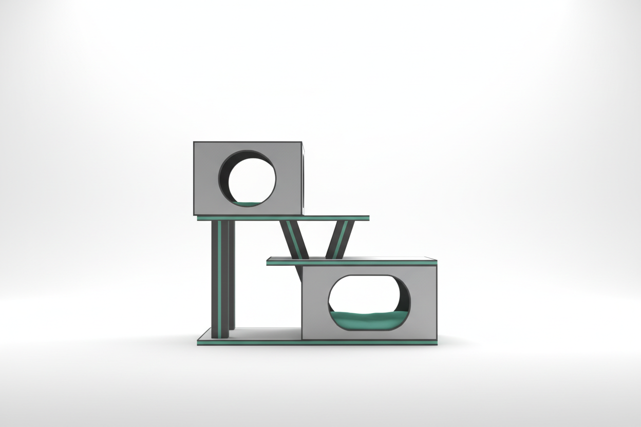 Minimal modern pet furniture silhouette on a white background with soft shadows.