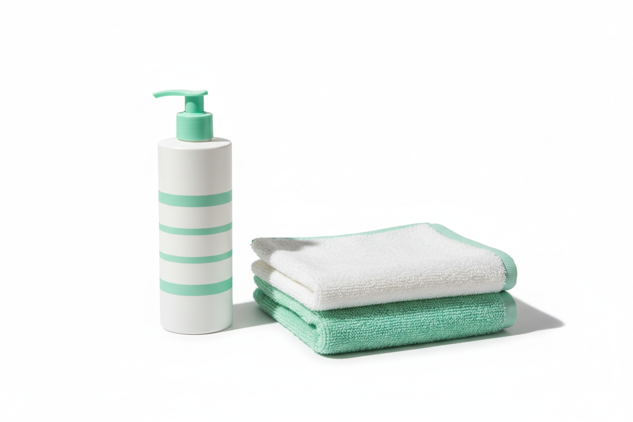 Minimal pet bath essentials with shampoo bottle and towel on a clean white background.