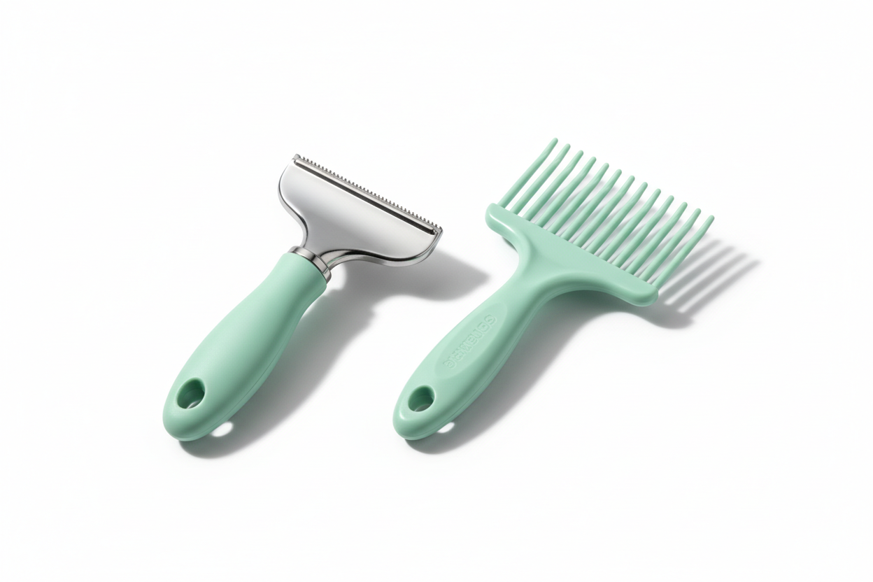 Minimal grooming set with deshedding brush and comb on a soft white background.