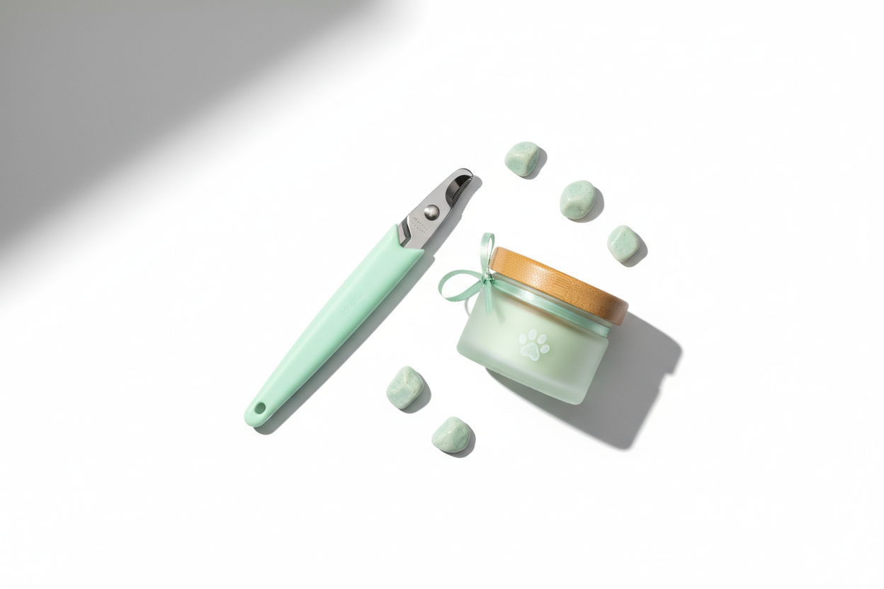 Minimal nail care tools including pet nail trimmer and paw balm on a white background.
