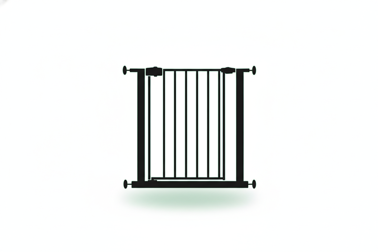 Minimal pet safety gate silhouette with soft mint accents and clean white background.