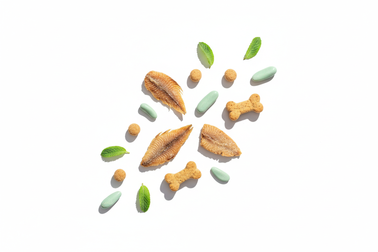 Minimal natural pet treats arranged on a clean white background.