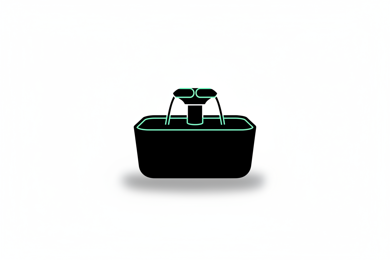 Minimal pet water fountain silhouette on neutral white background.