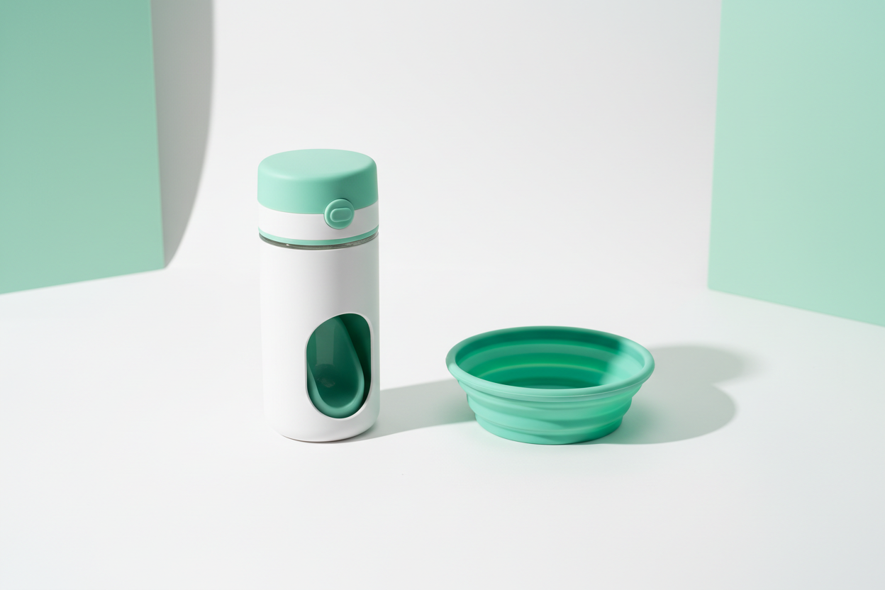 Minimal travel accessories such as collapsible bowl and portable bottle on a white background.
