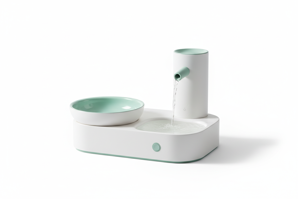 Minimal raised cat bowl and water fountain on a clean white background with mint accents.