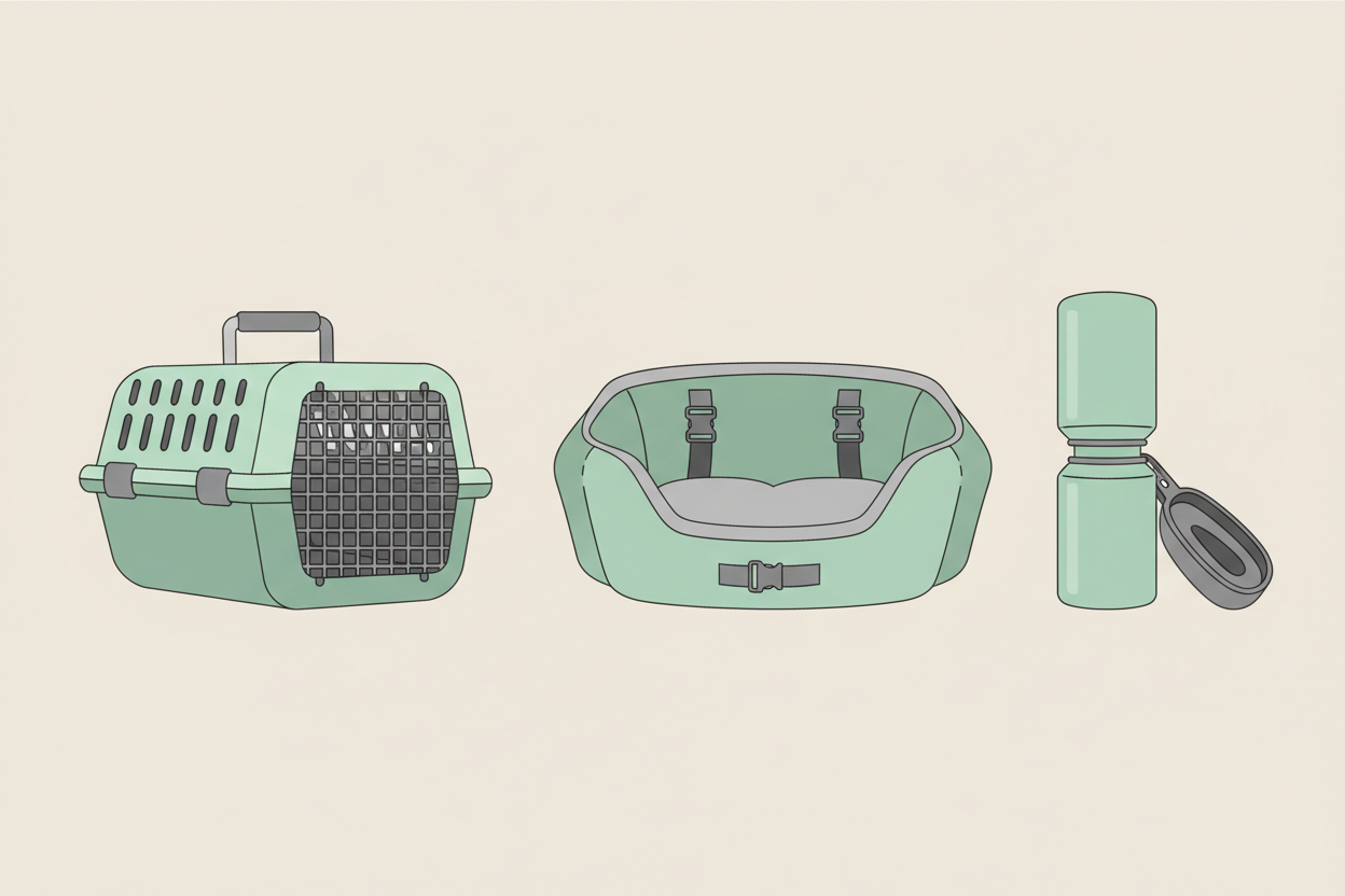 Minimal modern illustration of a pet travel carrier, car seat, and portable water bottle on a neutral background