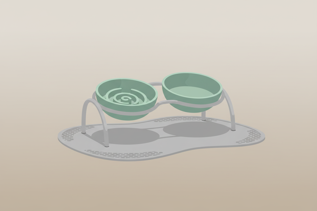 Minimal modern illustration of elevated pet bowls, a slow feeder dish, and a silicone feeding mat on a neutral background