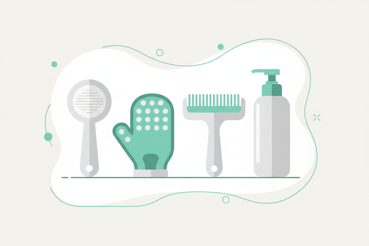 Minimal modern illustration of pet grooming tools including a brush, grooming glove, comb, and shampoo on a neutral background