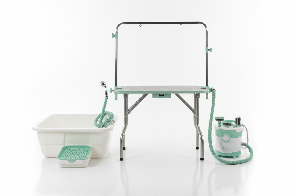 Professional dog grooming equipment set - adjustable table, elevated bathtub, and grooming vacuum for at-home pet care