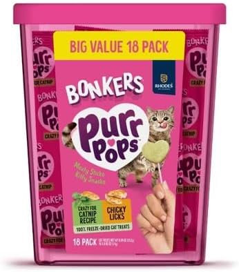 Bonkers Purrpops Freeze Dried Chicken & Catnip Flavor Lollipop Cat Treats, Healthy Real Meat Treats, Training Treats or Food Topper, for All Breeds and Ages, Value Pack (18 Pieces)