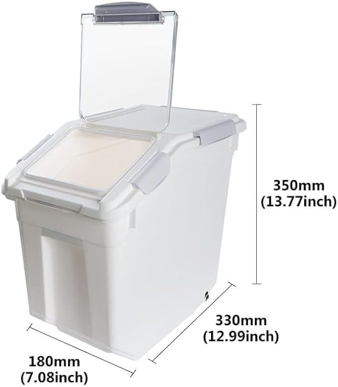 Large Flour Storage Container 25lb (2 Pack), Airtight Rice Containers with Lid, Wheels, Measuring Cup, Scoops, Grain and Sugar Dispenser, Pet Food Bin, for Kitchen Pantry Organization, Grey