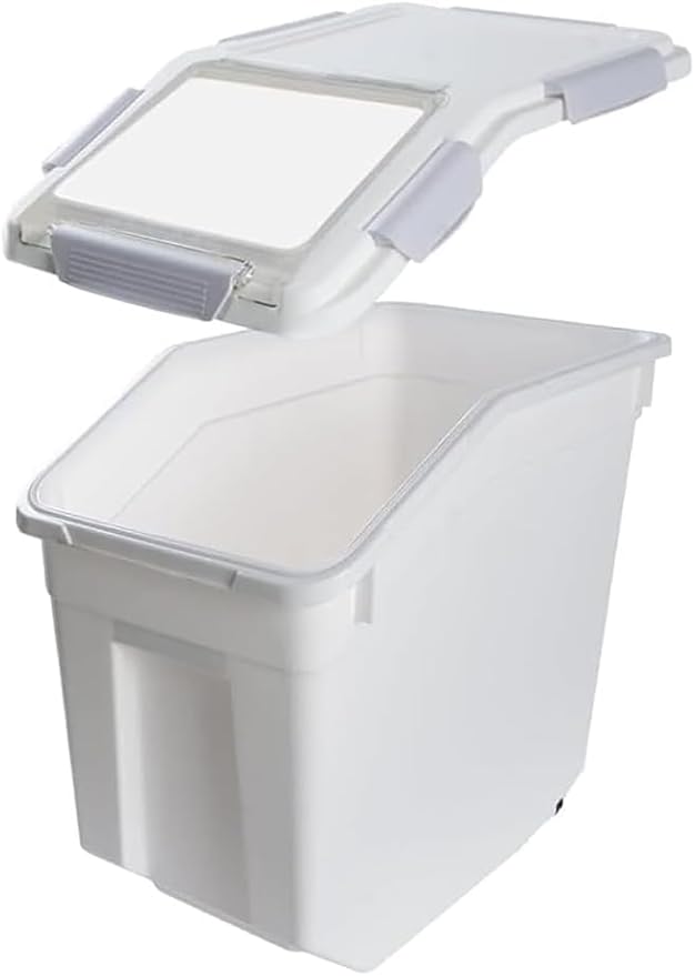 Large Flour Storage Container 25lb (2 Pack), Airtight Rice Containers with Lid, Wheels, Measuring Cup, Scoops, Grain and Sugar Dispenser, Pet Food Bin, for Kitchen Pantry Organization, Grey
