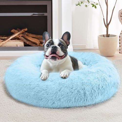 JOLLYVOGUE Calming Dog Bed for Small Dogs - 23 inches Donut Washable Small Dog Bed for Kittens & Puppies, Anti-Slip Round Fluffy Plush Faux Fur Cat Beds (Fits up to 25 lbs Pets, Light Blue)