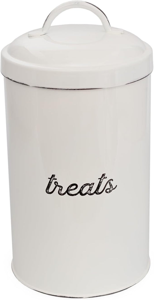AuldHome Design Enamelware Dog Treat Jar, White Rustic Treats Container