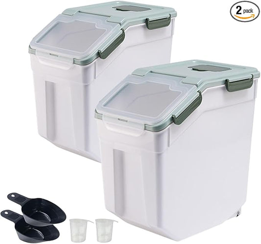 Rice Storage Container 25 lbs, 2 Packs Large Flour Storage Containers with Seal Locking Lid & Wheels, BPA Free Rice Dispenser, Measuring Cup | Scoop, for Sugar Cereal Dry Food, Dog Pet Food Bin -Green