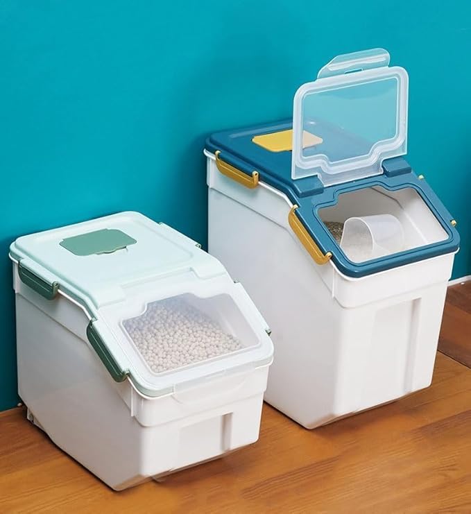 Large Flour Storage Container Bin 25lb, 4 Pack Airtight Rice Storage Containers with Wheels Seal Locking Lid, BPA Free, with Measuring Cup |Scoop, for Beans, Sugar, Grain, Dry Food - Green