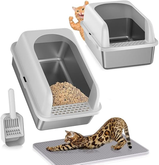 2 Pack Stainless Steel Litter Box witn High Sides, Extra Large cat Litter Box with Lid, Metal Litter Boxes for Multiple Cats, Anti-Leakage,Non-Stick, Easy to Clean, Included Cat Litter Mat, Scoop