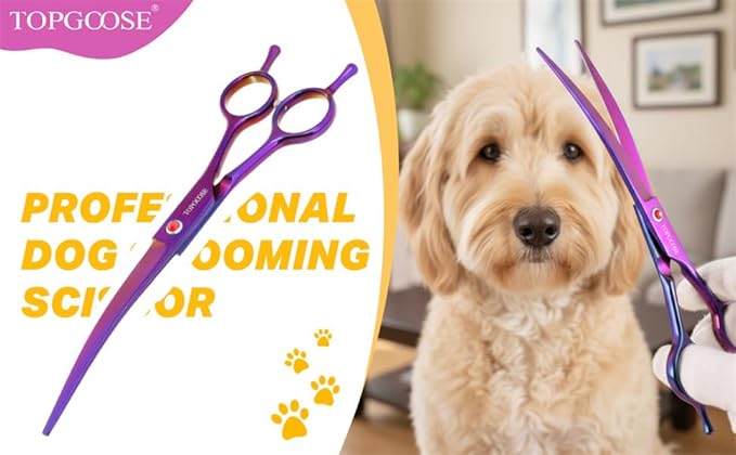 TOPGOOSE 7.5" Dog Grooming Scissor - Professional Down-curved Shear with Ergonomic Handle Japanese Stainless Steel Hair Scissor for Dogs, Cats and Other Pets, Sharp (Curved, Purple)