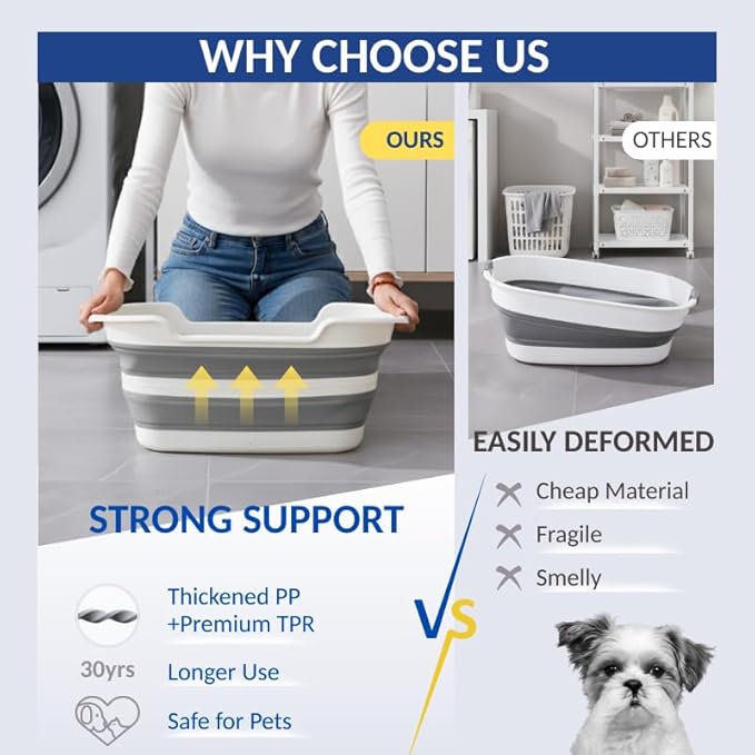 CYGNE Dog Bath Tub with Water Drain Plug, Collapsible Bathtub for Dog Washing and Grooming, Portable Foldable Space Saving Design for Pet Puppy Small Dogs Cats, BPA Free, Gray