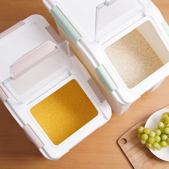 Large Flour Storage Container 25lb (2 Pack), Airtight Rice Containers with Lid, Wheels, Measuring Cup, Scoops, Grain and Sugar Dispenser, Pet Food Bin, for Kitchen Pantry Organization, Grey