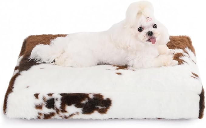 Bedfolks Waterproof Crate Bed, Plush Dog & Cat Bed with Removable Washable Cover, Faux Fur Kennel Pad, 17"x12", Cow Print