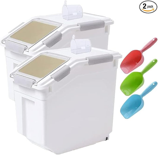 Large Flour Storage Container 25lb (2 Pack), Airtight Rice Containers with Lid, Wheels, Measuring Cup, Scoops, Grain and Sugar Dispenser, Pet Food Bin, for Kitchen Pantry Organization, Grey