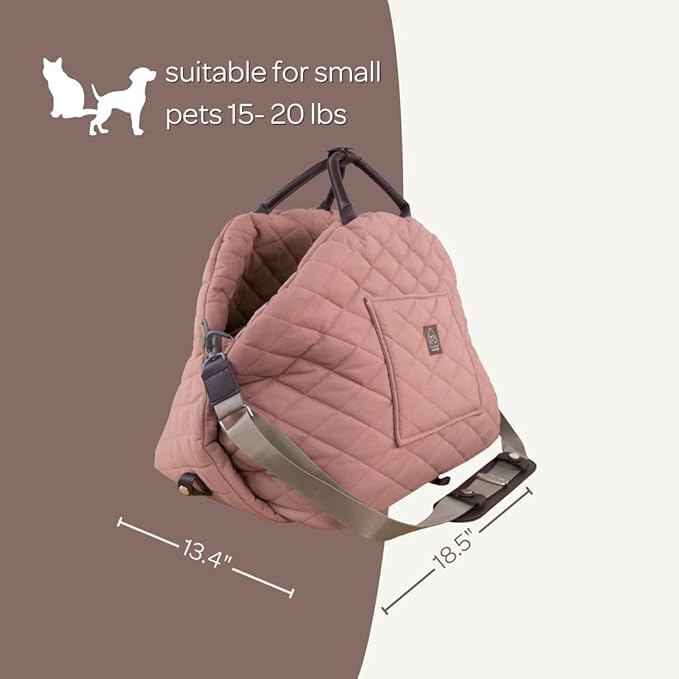 4 Cats & Dogs Mew Mew Travel Pet Bed – Soft Carrier for Small Dogs & Cats, Water-Resistant Quilted Shell, Adjustable Belts, Anti-Slip Bottom, Portable Pet Bed & Travel Bag - Rose
