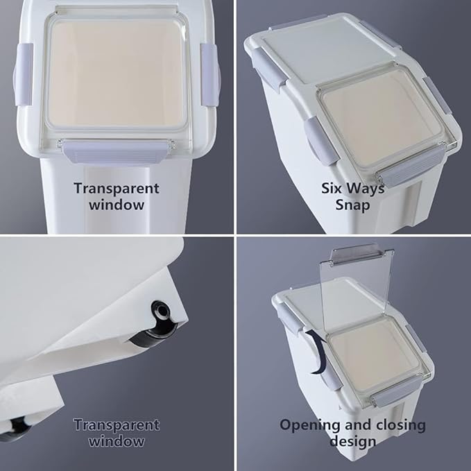 Large Flour Storage Container 25lb (2 Pack), Airtight Rice Containers with Lid, Wheels, Measuring Cup, Scoops, Grain and Sugar Dispenser, Pet Food Bin, for Kitchen Pantry Organization, Grey