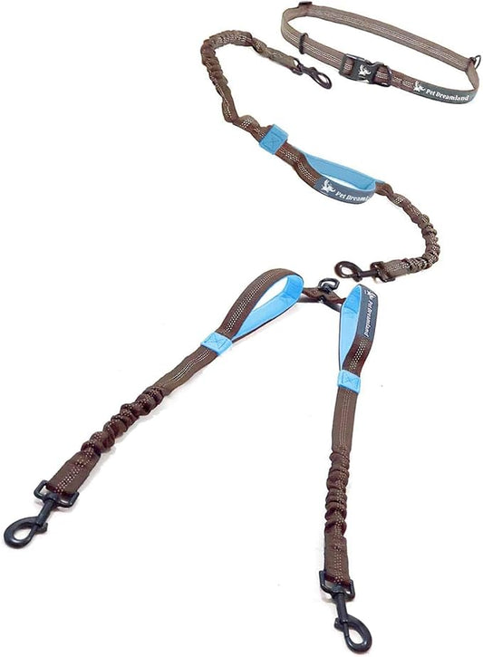 Pet Dreamland Exquisite Hands Free Dual Dog Leash with Tangle-Free Swivel for Large Dogs. Waist Leash for Running with Two Dogs. You Will Absolutely Love This Amazing Dog Walking Belt (Grey and Blue)