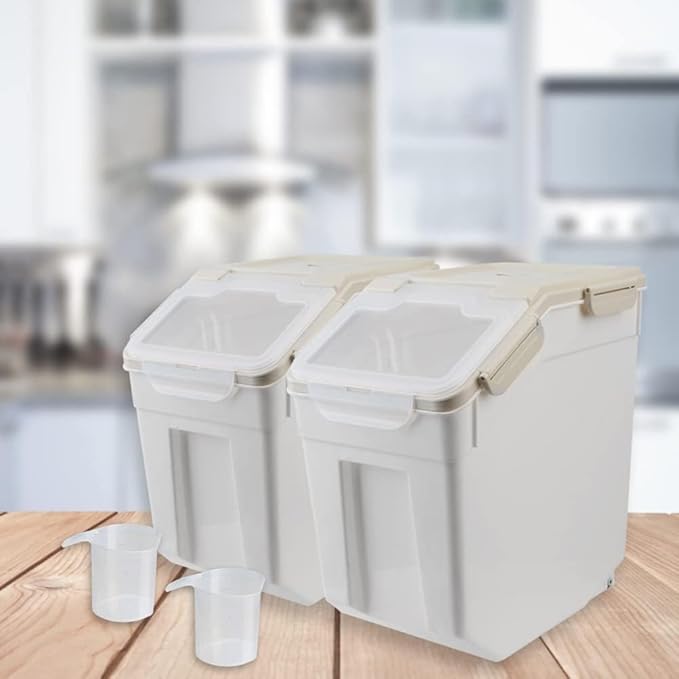 Large Flour Storage Container Bin 25lb,4 Pack Airtight Rice Storage Containers with Wheels Seal Locking Lid BPA Free with Measuring Cup,Scoop for Flour, Rice, Grain, Dry Food - Grey