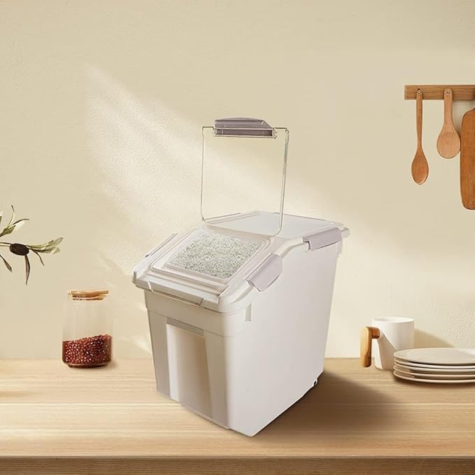 Large Flour Storage Container 25lb (2 Pack), Airtight Rice Containers with Lid, Wheels, Measuring Cup, Scoops, Grain and Sugar Dispenser, Pet Food Bin, for Kitchen Pantry Organization, Grey