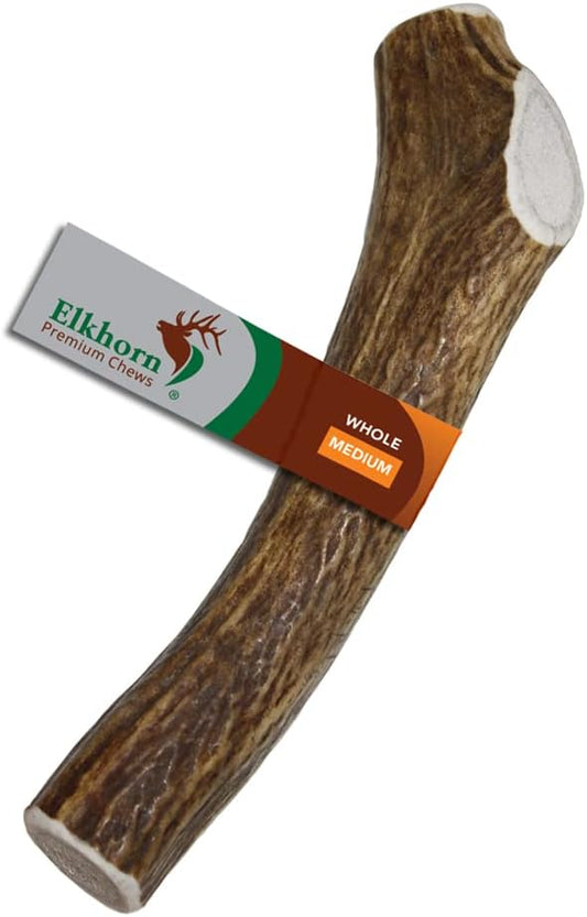 Medium Whole Single Pack (for 20-45 lb Dogs and Puppies) Premium Grade Elk Antler for Dogs (1 Piece) Sourced in The USA