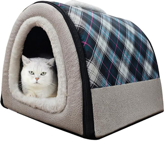 Cat Bed or Dog Bed,2 Ways to Use,Indoor Pet House with Fluffy Mat,Removable and Washable Cover,Splash-Proof House and Non-Slip Bottom,for Cats and Small Dogs(S Plaid & Gray)