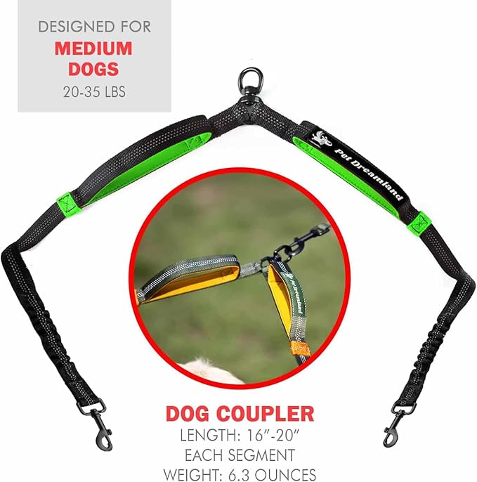 Pet Dreamland Exquisite Double Dog Coupler No Tangle Swivel for Two Medium Dogs. Premium Quality Attachment for Easy Dog Walking. You Will Absolutely Love This Amazing Gear (Black & Green)