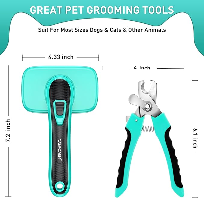 Pet Brush Kit for Grooming, Dog Self-Cleaning Slicker Brush + Nail Clippers Set for Shedding Long Short Haired Cats. Removes Loose Fur, Undercoat, Mats, Tangled for Most Hair Types & Size