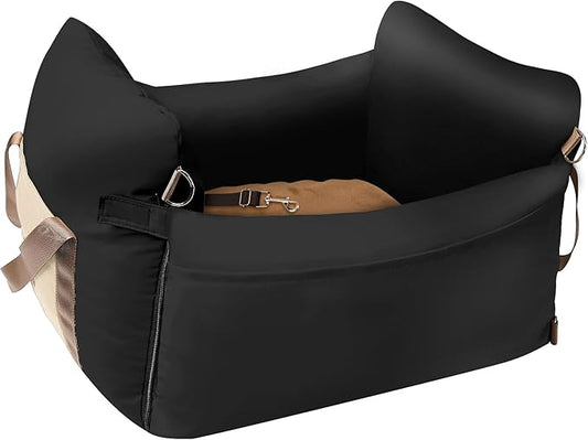 Small Dog Car Seat, Waterproof Pet Booster Seat for Car with Side Handles and a Storage Pocket, Clip-On Safety Leash and PP Cotton Filling, Vehicle Bed for Small to Medium Dogs up to 25lbs (Black)