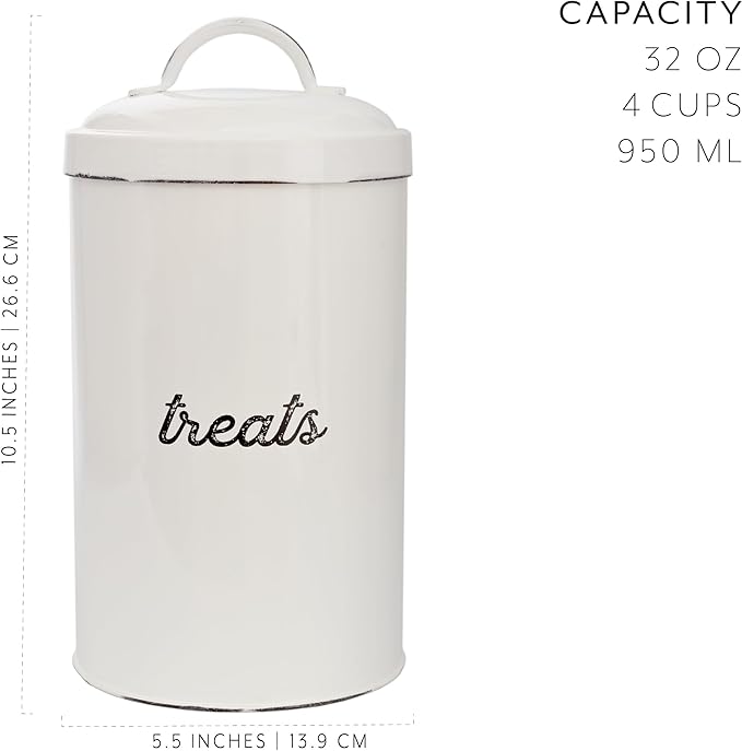AuldHome Design Enamelware Dog Treat Jar, White Rustic Treats Container