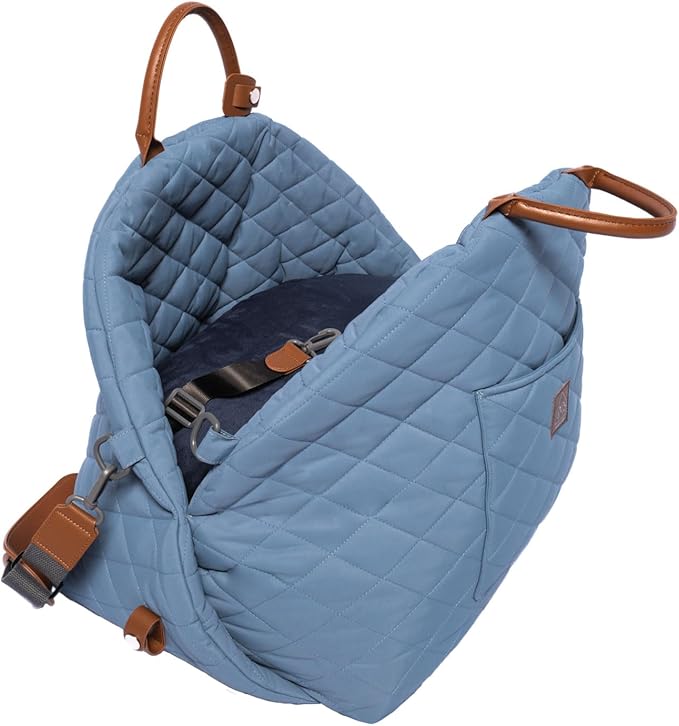 4 Cats & Dogs Mew Mew Travel Pet Bed – Soft Carrier for Small Dogs & Cats, Water-Resistant Quilted Shell, Adjustable Belts for Car Travel, Anti-Slip Bottom, Portable Pet Bed & Travel Bag - Blue Steel