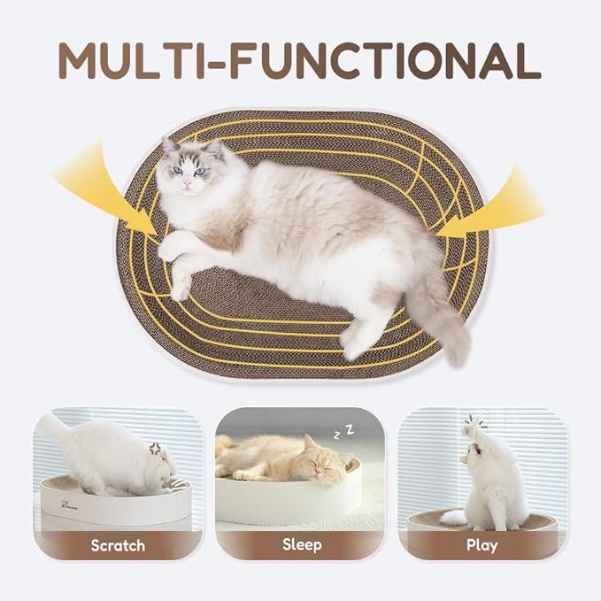 Cat Scratcher Cardboard Bed for Indoor Cats – Large (24.4x17.7x3.9in), Lounger, Round, Reversible, Durable, Protects Furniture, Cat Bowl & Scratching Pad, Safe with Cornstarch Glue