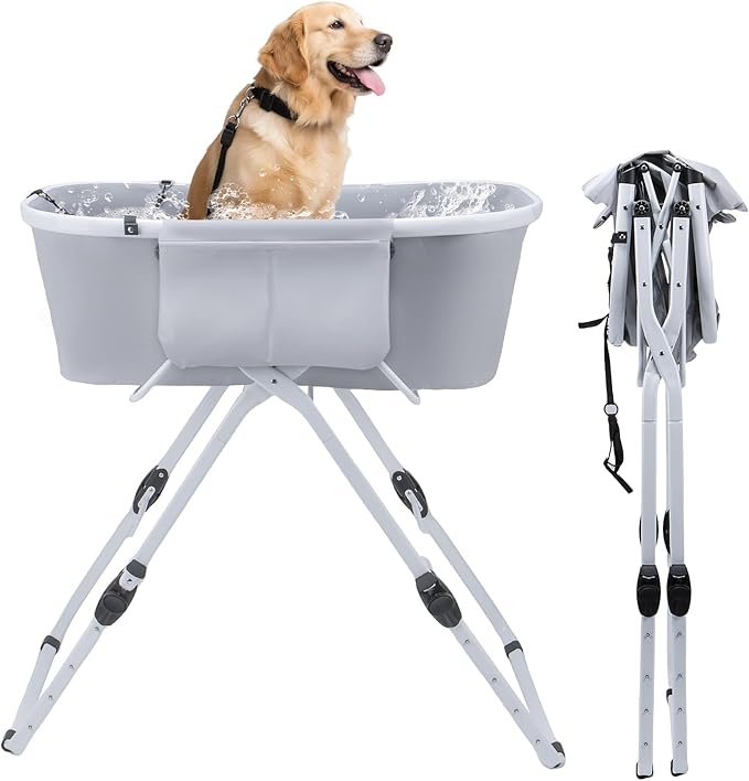 Dog Bathtub, Collapsible Dog Bath Tub with Ergonomic Design, Portable Elevated Station for Bathing & Grooming, Suitable for Cats & Small to Medium Dogs, Indoor & Outdoor, Gray