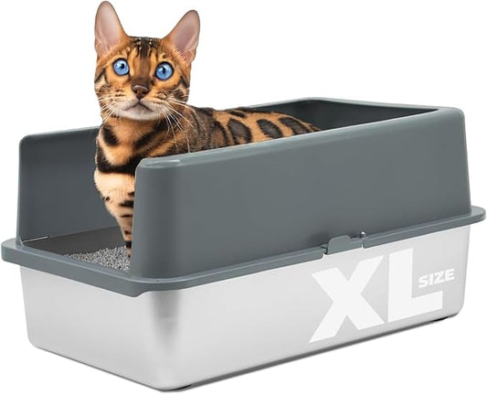 iPrimio XL Stainless Steel Litter Box with Lid - High-Sided Metal Litter Box with Enclosure for Big Cats - Easy to Clean, Rust-Resistant, and Durable - Never Absorbs Odors - 23.5 x 15.5 x 6 in